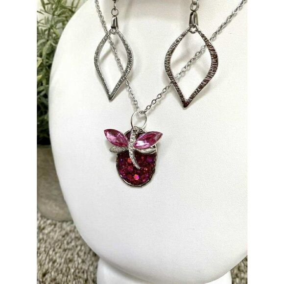 Pink Glitter Resin Dragonfly Irregular Stone Shaped Pendant Jewelry Set - Picture 2 of 4